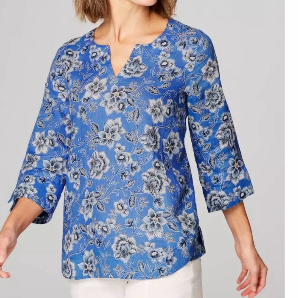 J. Jill Blue Relaxed Floral Linen Blouse